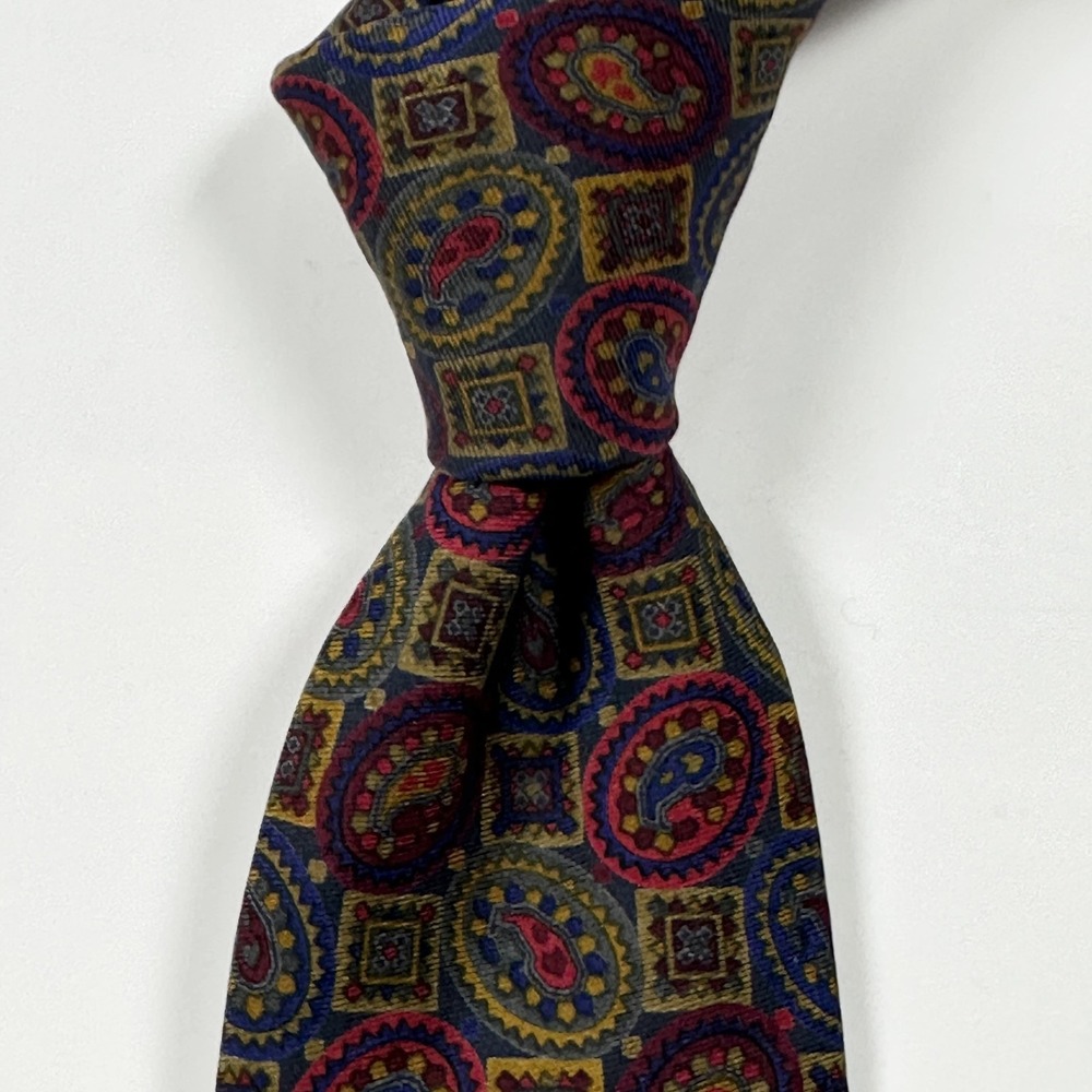Etro 100%‎ Silk Tie Mens Multicolor Paisley Geometric Made USA Skinny Necktie